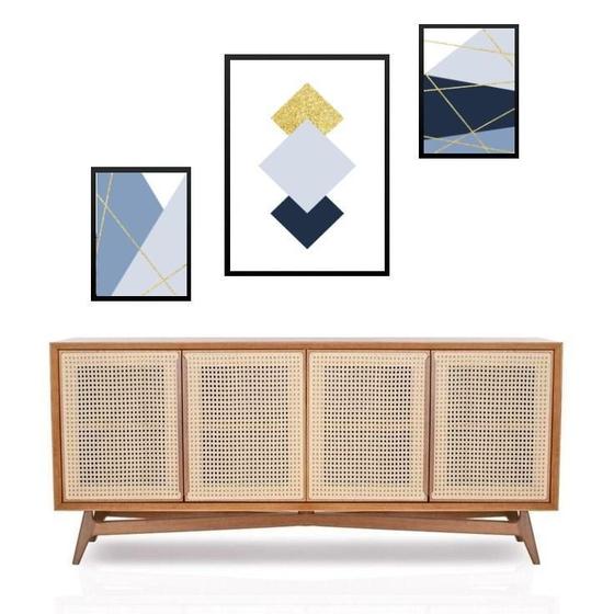 Imagem de Set 3 Quadros Geométricos ul E Dourado - Com Vidro