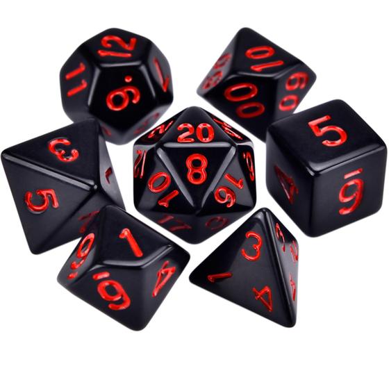 Imagem de Sete 7 Dados Rpg Preto E Vermelho D4 D6 D8 D10 D10% D12 D20