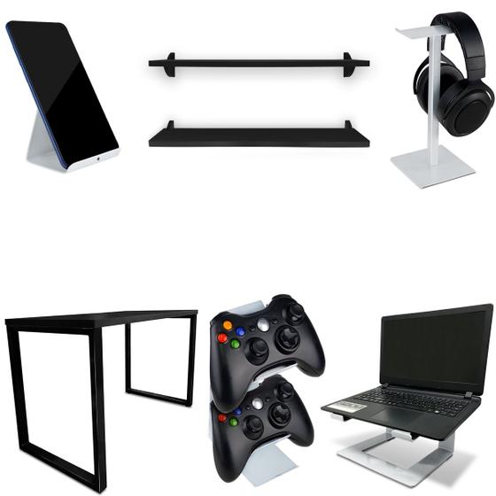 Imagem de Setup Kit Gamer Vexus Com Mesa 1,20 Prateleiras Suporte P/ Notebook Controle Fone Celular Branco