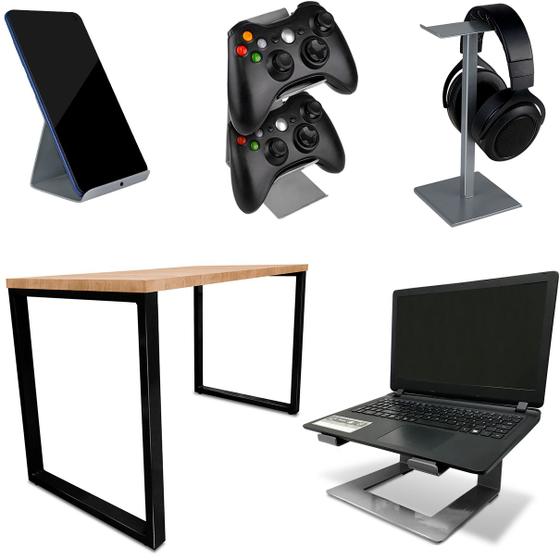 Imagem de Setup Kit Gamer Vexus Com Mesa Dallas 1,20 Suporte P/ Notebook Controle Fone Celular Prata