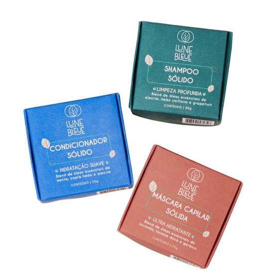 Imagem de Shampoo 80g, Condicionador 55g e Máscara 55g sólidos em barra - Lune Bleue, Kit para cabelos oleosos e com queda