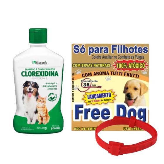 Shampoo Antisséptico Clorexidina 500ml + Coleira Preventiva Anti Pulgas