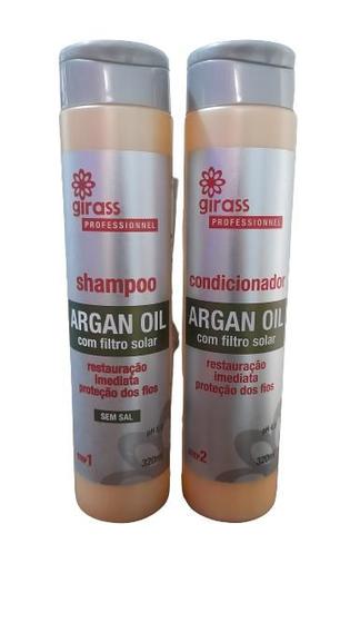 Imagem de Shampoo Argan 320ml pH 5,0 Sem Sal com filtro solar e Condicionador Argan 320ml pH 4,0 Girass 