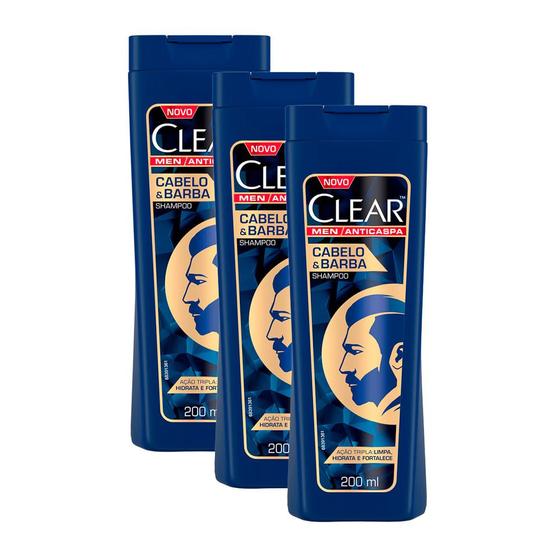 Imagem de Shampoo Clear Men Anti Caspa Cabelo e Barba 200ml  Kit com três unidades