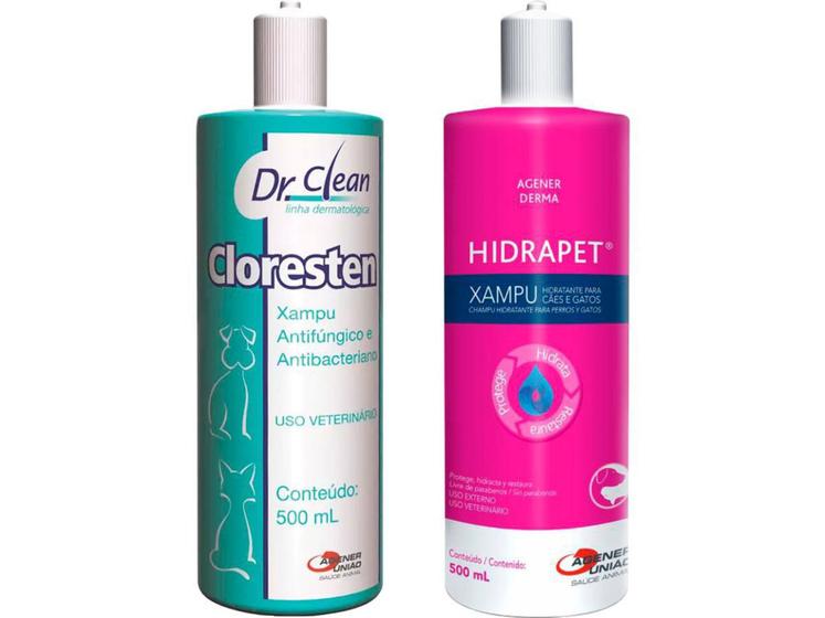 Shampoo Cloresten 500ml + Hidrapet Xampu 500ml Para Cães e Gatos
