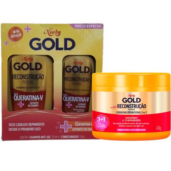 Imagem de Shampoo e Condicionador Niely Gold Reconstrução Potente + Creme Multifuncional