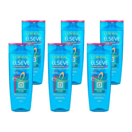 Shampoo L'Oréal Elseve HydraDetox 48H Dupla Ação Essência Verde + Alga Azul 400ml (Kit com 6