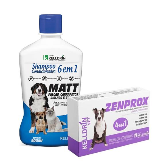 Shampoo Matt Pulgas Pulgas 6x1 + Zenprox Cães Médios Vermífugo