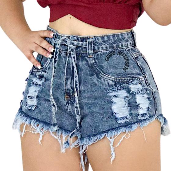 Imagem de Short Bermuda Jeans Feminino Cintura Alta Destroyed Hot Pants