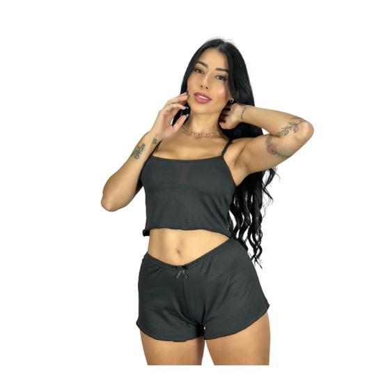 Imagem de Short doll liso suede baby doll confortável pijama feminino Preto