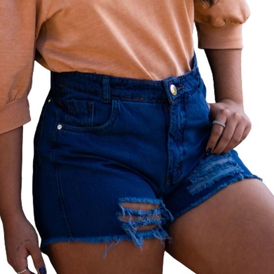 Imagem de Short Feminino Jeans Mom Destroyed Cintura Cintura Alta Azul Escuro