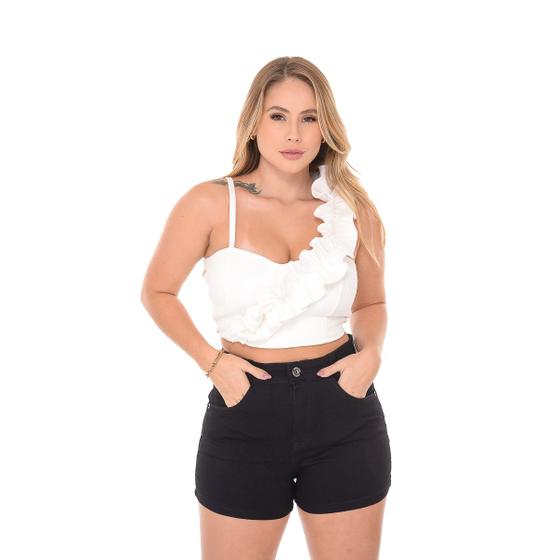 Imagem de Short feminino jeans premium preto barra costurada com bolso forro