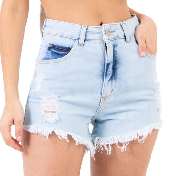 Imagem de Short Jeans Destroyed Feminino Cintura Alta Azul Claro Lady Rock