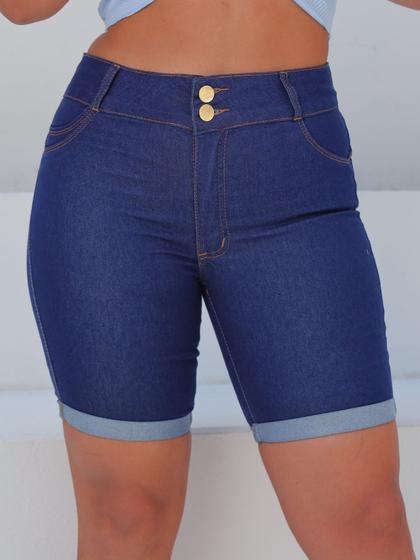 Imagem de Short jeans escuro feminino meia coxa lycra cintura alta modelador com barra dobrada