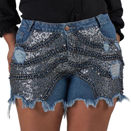 Imagem de Short Jeans Feminino Com Bordado Manual Em Cristais