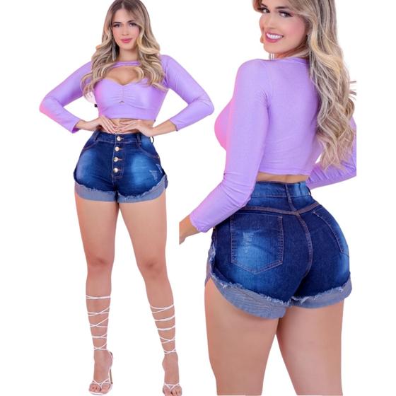 Imagem de Short Jeans Feminino Curto Barra Dobrada com 4 Botões cintura alta com Lycra