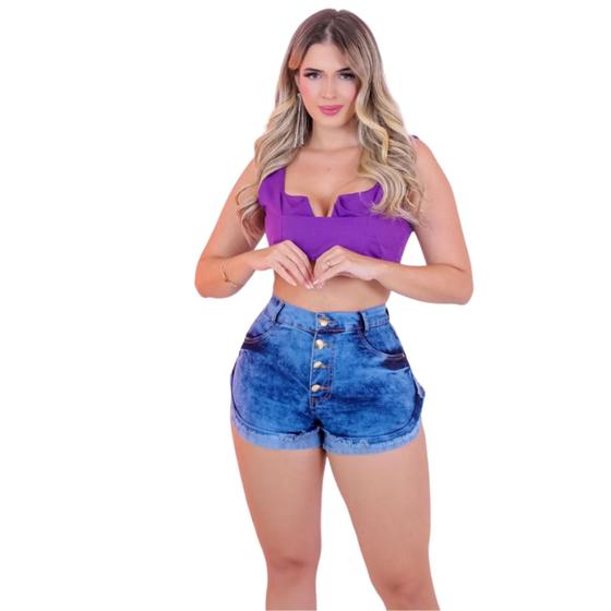 Imagem de Short Jeans Feminino Curto Barra Dobrada com 4 Botões cintura alta com Lycra