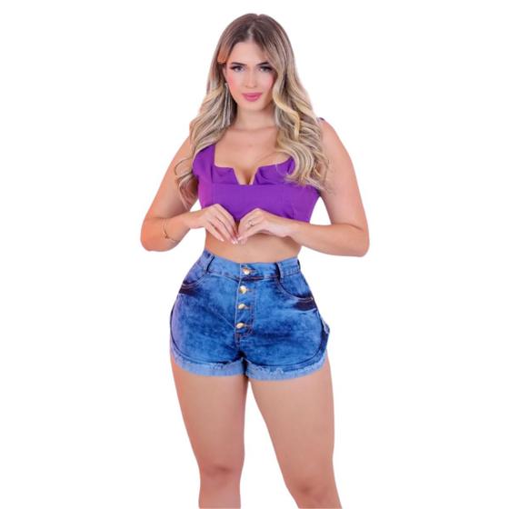 Imagem de Short Jeans Feminino Curto Barra Dobrada com 4 Botões