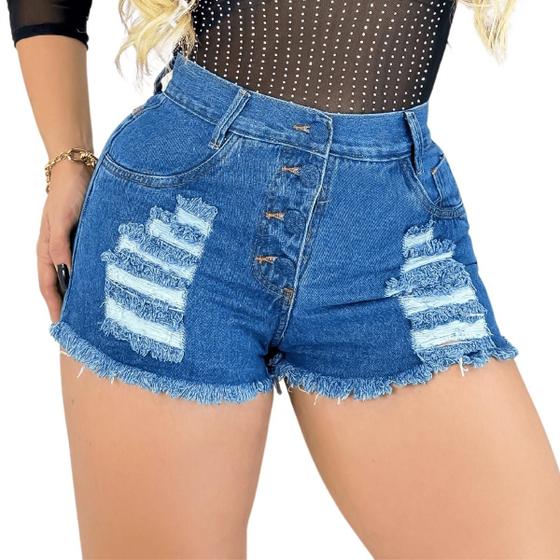 Imagem de Short Jeans Feminino Curto Desfiado Destroyed Rasgado Hot Pants 4 Botões Dourados