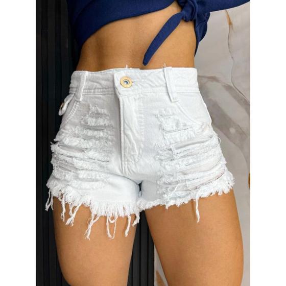 Imagem de Short Jeans Hot Pants Feminino Bermuda Cintura Alta Destroyed Desfiado Cós Alto 34 a 46