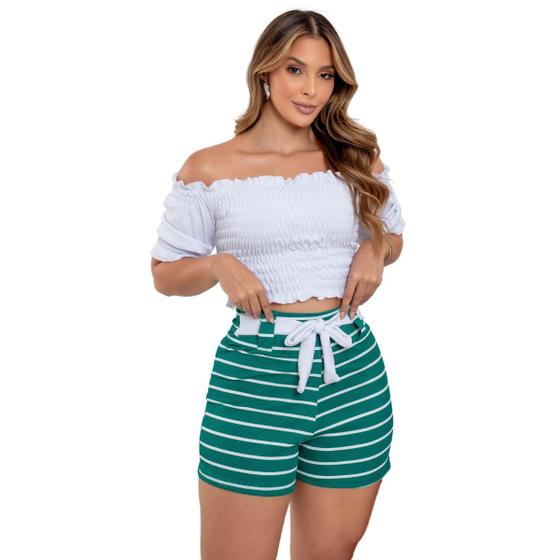 Imagem de Short Listrado Feminino Verde e Blusinha Ombro a Ombro