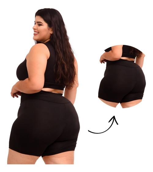 Imagem de Short Meia Coxa Plus Size Preto Suplex Cós Alto Justo Fit Fitness