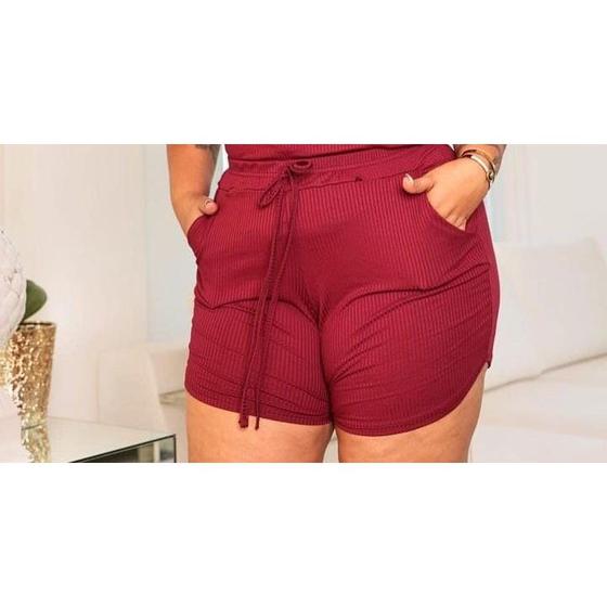 Imagem de Short plus size feminino canelado elástico na cintura amarração simples tendência verão