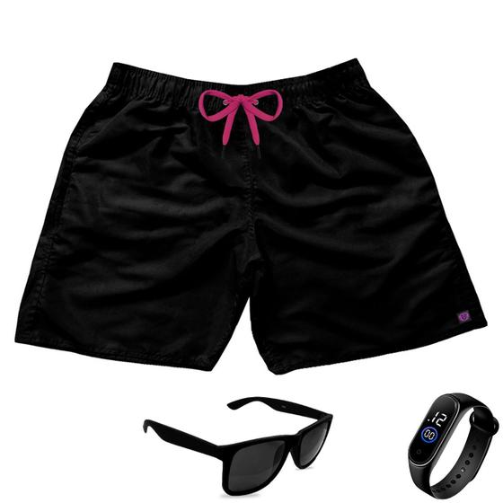 Imagem de Short Praia Bermuda Preto Cordão Rosa + Óculos + Relógio