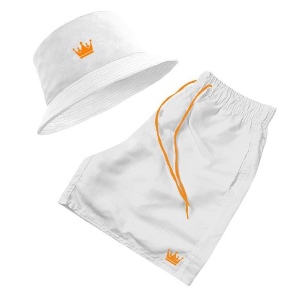 Imagem de Short Praia + Chapeu Bucket Hat Masculino Com Cordao Laranja