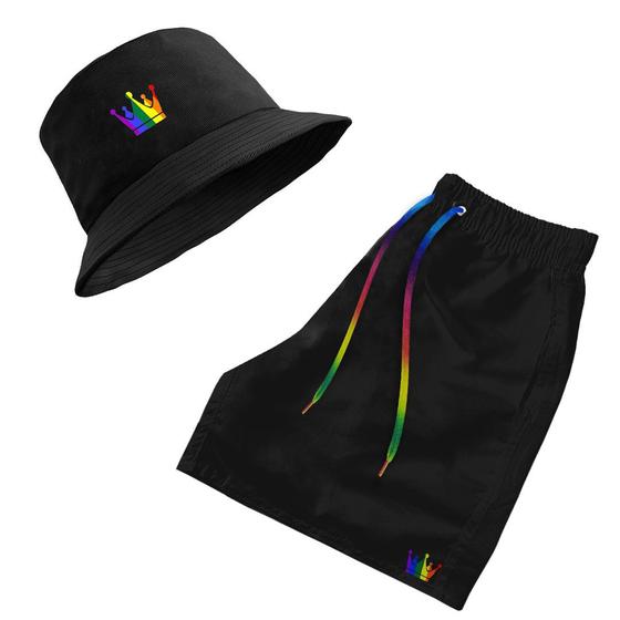 Imagem de Short Praia + Chapeu Bucket Hat Masculino Com Cordao LGBT