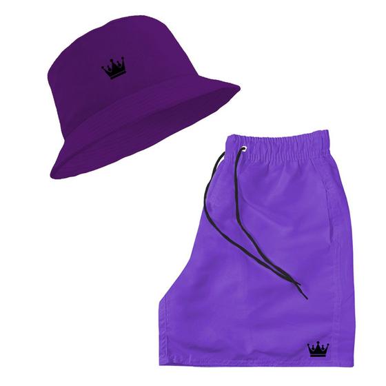 Imagem de Short Praia + Chapeu Bucket Hat Masculino Com Cordao Preto