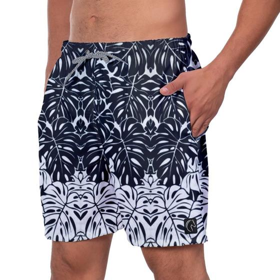 Imagem de Short Praia Premium Masculino Academia Fitness Caminhada Folhas Preto e Branco