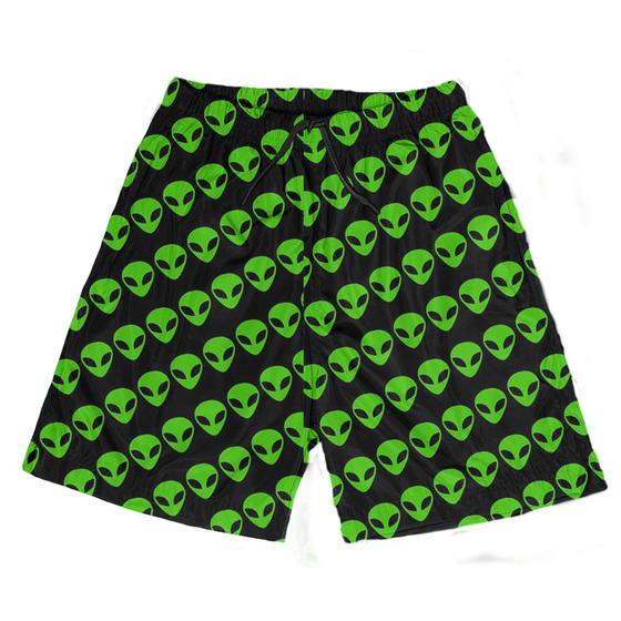 Imagem de Short Praia Shorts Banho Bermuda Verão Cabeça Aliens Verde Green Cartoon 332