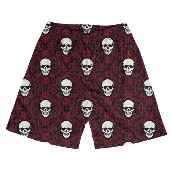 Imagem de Short Praia Shorts Banho Bermuda Verão Caveira Estilo Arte Retro Red 372