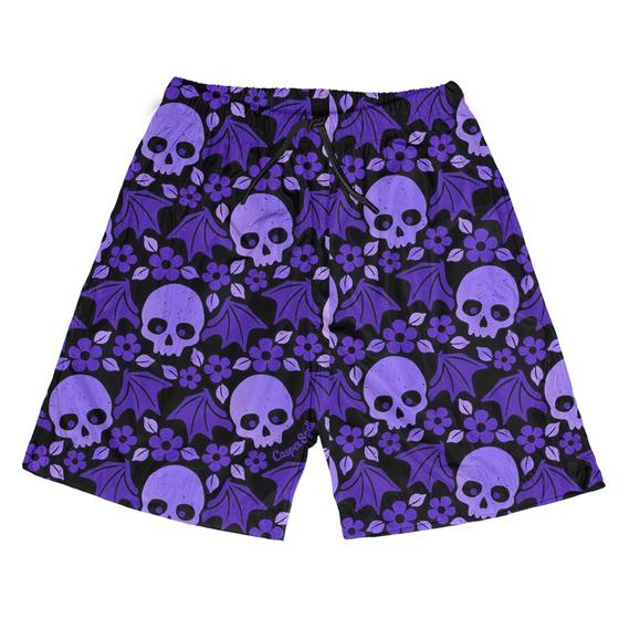 Imagem de Short Praia Shorts Banho Bermuda Verão Caveira Flores Roxa Purple Terror 190