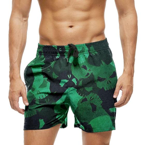 Imagem de Short Praia Shorts Banho Bermuda Verão Caveiras Crânios Verde 768