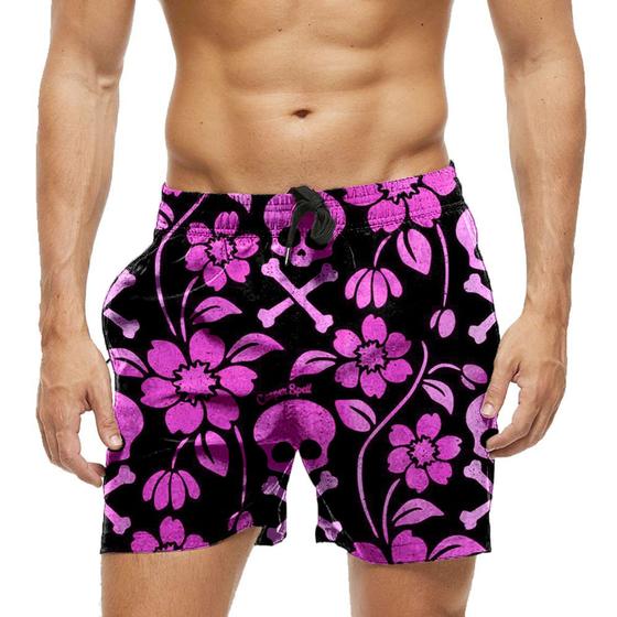 Imagem de Short Praia Shorts Banho Bermuda Verão Caveiras Flores Rosas 493