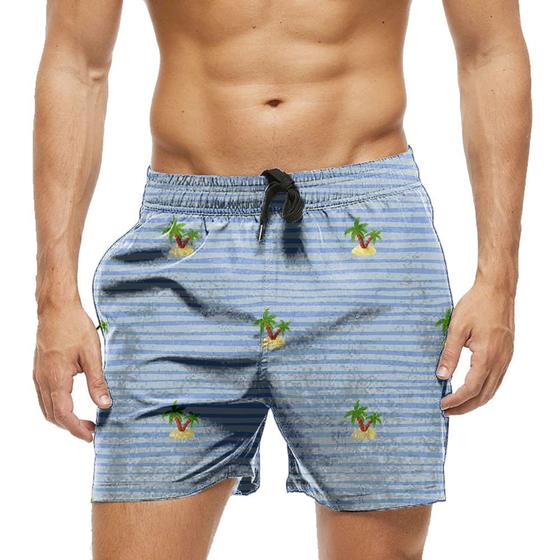 Imagem de Short Praia Shorts Banho Bermuda Verão Coqueiros Listras Mar Oceano Azul 1260