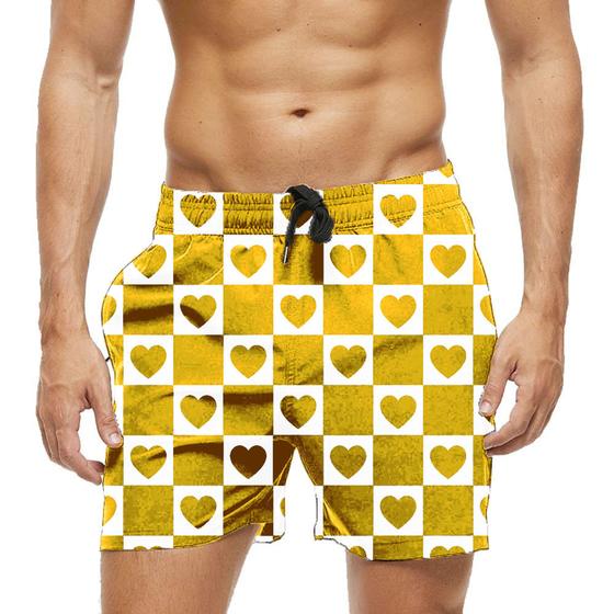 Imagem de Short Praia Shorts Banho Bermuda Verão Coração Dourado Xadrez 1251