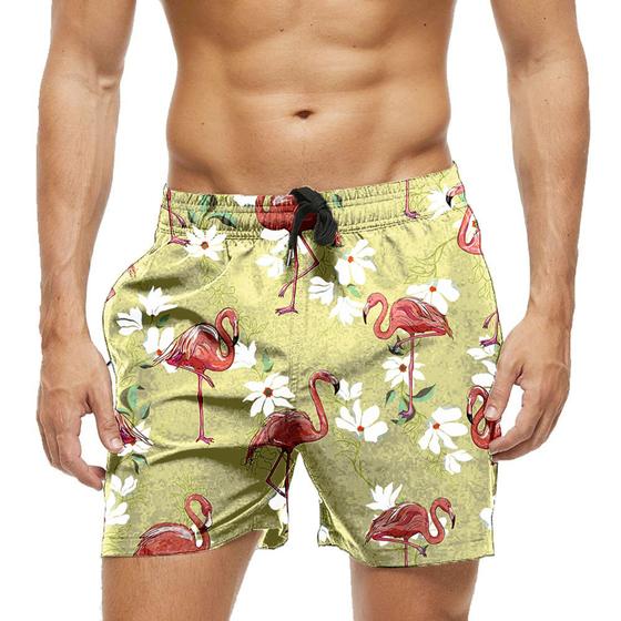 Imagem de Short Praia Shorts Banho Bermuda Verão Flamingo Flores Branca Margarida 1797