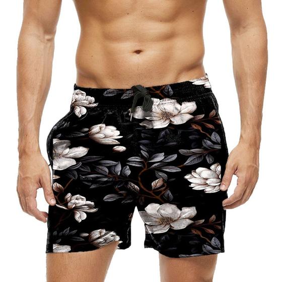 Imagem de Short Praia Shorts Banho Bermuda Verão Flores Realista Estilo Branco 792