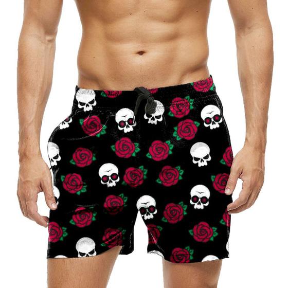 Imagem de Short Praia Shorts Banho Bermuda Verão Flores Rosas Caveiras 738