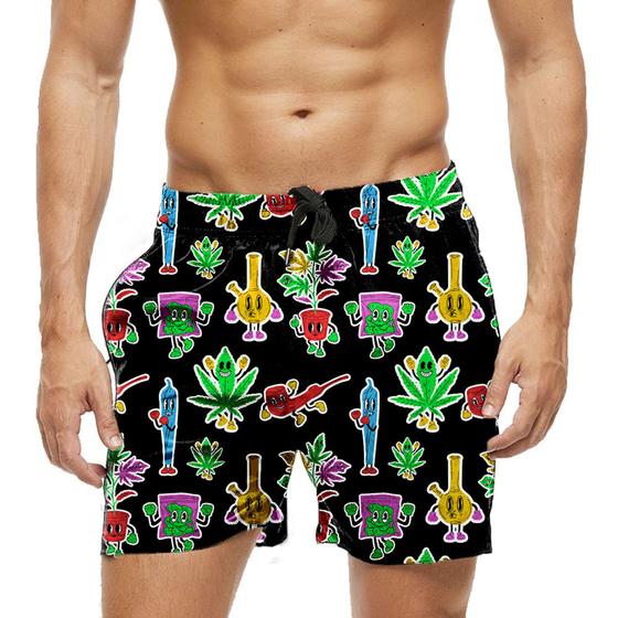 Imagem de Short Praia Shorts Banho Bermuda Verão Vibes Planta Verde Cartoon 1123