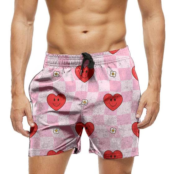 Imagem de Short Praia Shorts Banho Bermuda Verão Xadrez Coração Red Rosa 1100