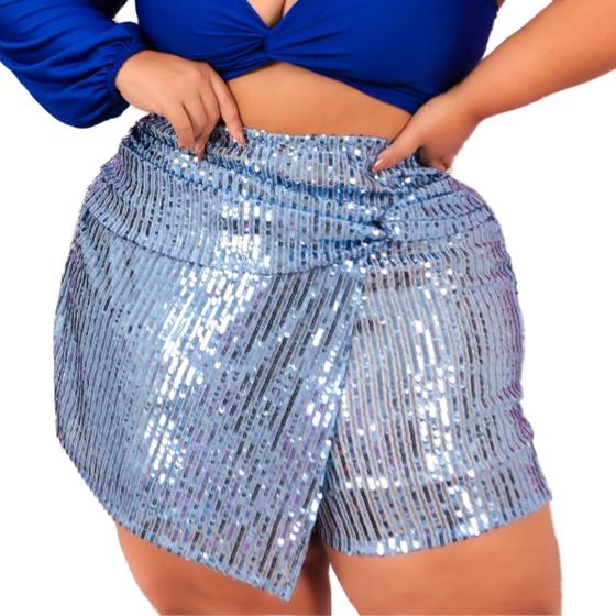 Imagem de Short saia feminino brilhante lantejoulas com detalhe de nó torcido de cos alto brilho paete com elastico na cintura forrado 38 ao 60