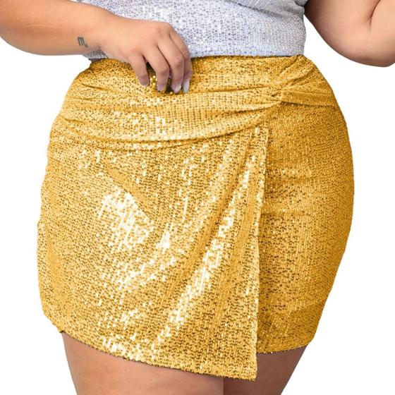 Imagem de Short saia feminino de brilho paete lantejoulas com detalhe de nó 38 ao 56 - brilhante com elastico na cintura forrado