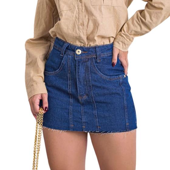 Imagem de Short Saia Jeans Escuro Cintura alta Detalhes azul escuro