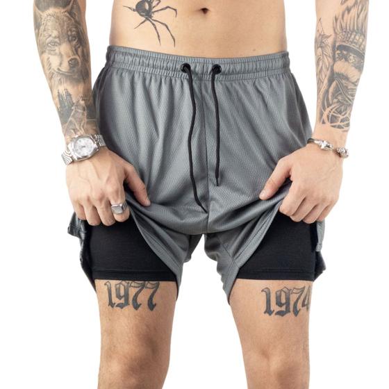 Imagem de Shorts de Compressão 2x1 Premium de Corrida Masculino Dry-Fit Academia com Bolso Invisivel para Celular Luta Musculação Bermuda Dupla Run
