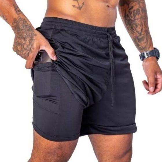 Imagem de Shorts Duplo 2 em 1 Masculino Com Bolsos Preto Tamanho G