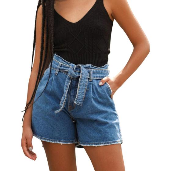 Imagem de Shorts Jeans Feminino Cintura Alta Com Cinto Para Amarrar Moda Verão